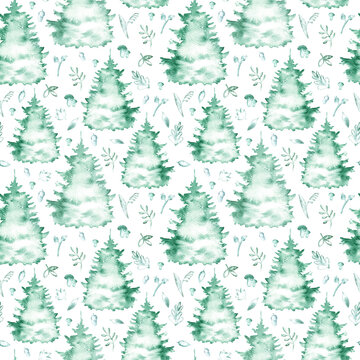 Seamless pattern of a tree and floral.Forest animals and branch.Watercolor hand drawn illustration.White background. © jula_lily