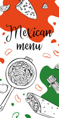 Mexican menu vertical flyer design template. Fajitas, burrito and vegetables. Hand drawn outline vector sketch illustration