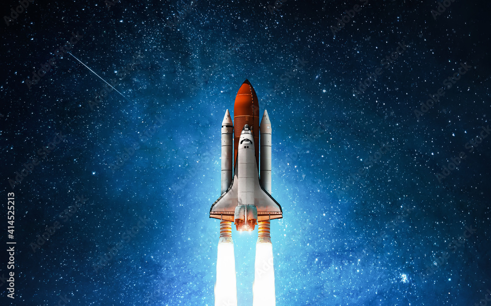 Leinwandbilder spaceship in deep space. starry sky and blue galactics. view on space shuttle and milky way. element