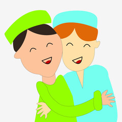 Fototapeta premium Happy young boys hugging each other on the occasion of Eid Mubarak celebration, Muslim man, flat character illustration with transparent background