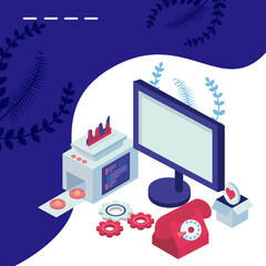 Obraz premium desktop and telephone with social media isometric set icons
