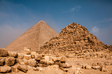 Famous Egyptian Pyramids of Giza.  Landscape in Egypt. Pyramid in desert. Africa. Wonder of the...