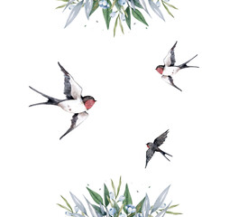 Cartoon flying sparrow isolated on white background. Hand drawn watercolor illustration