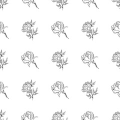 Doodle simple vector seamless pattern of hand-drawn peonies. Seamless random pattern of hand-drawn peonies. Isolated on white background.