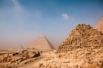 Famous Egyptian Pyramids of Giza. Landscape in Egypt. Pyramid in desert. Africa. Wonder of the World