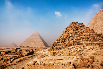 Famous Egyptian Pyramids of Giza.  Landscape in Egypt. Pyramid in desert. Africa. Wonder of the...