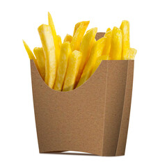 French Fries in a paper wrapper on white background. Half Side View.