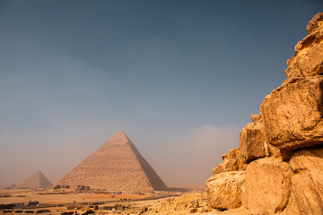 Famous Egyptian Pyramids of Giza.  Landscape in Egypt. Pyramid in desert. Africa. Wonder of the...
