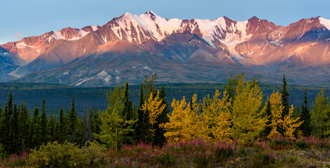 Canada, Yukon, Kluane National Park, Mountain range at last light.