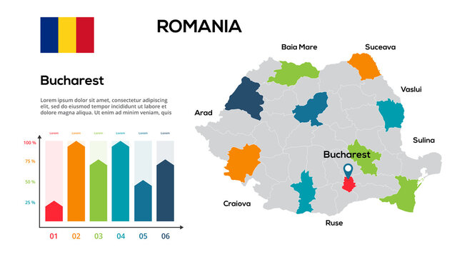 Romania map. Image of a global map in the form of regions of Romania regions. Country flag. Infographic timeline. Easy to edit