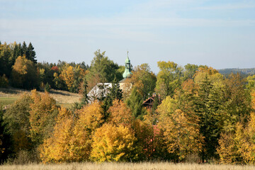 Autumn&rsquo;s view on small picturesque village Pasterka in Table Mountains, Stolowe Mountains in Poland. Europe. 