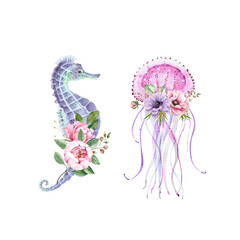 set of watercolor illustrations blue seahorse and pink jellyfish with delicate bouquet of flowers. nautical style hand painted © Lana