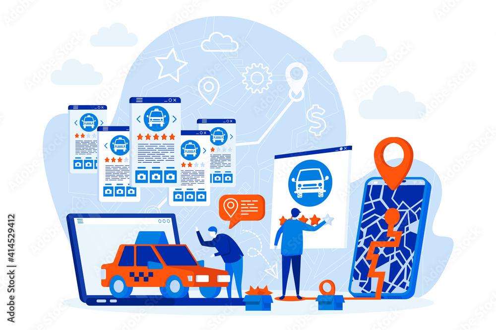 Poster taxi booking web design concept with people characters. man booking taxi via mobile app scene. onlin