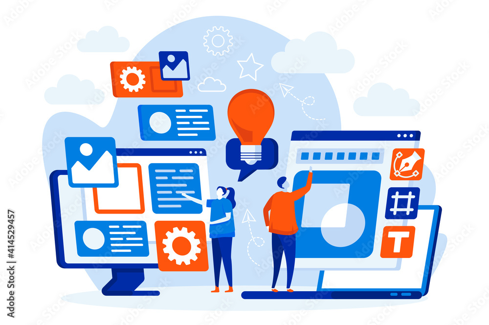 Poster designers team web concept with people. designers work wits laptops scene. website development, ui u