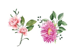 watercolor floral set. Colorful floral collection with bouquets of leaves and flowers. Spring or summer design for invitation, wedding or greeting cards with hand painted