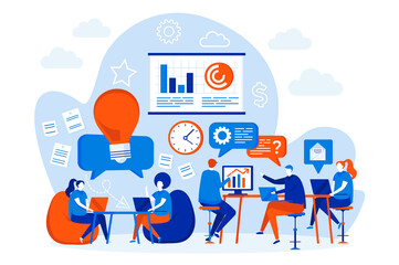 Open space office web design with people characters. Colegues togeather work in office scene. Coworking space composition in flat style. Vector illustration for social media promotional materials.