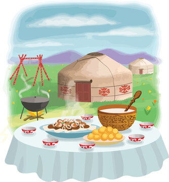 Laid Table For The Nauryz Holiday. Kazakh National Dishes Beshparmak, Baursak, Kumis Drink. Yurts, Swing Altybakan, Mountains And Tulips On The Background.
