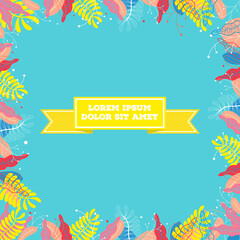 Colorful background with a border of plants and flowers around the edges and a blank space for text