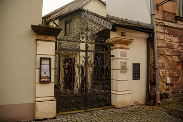 Late baroque synagogue in Jewish Quarter, picturesque street with baroque and renaissance historical buildings, cityscape of medieval town, Bohemian Paradise, Turnov, Czech Republic