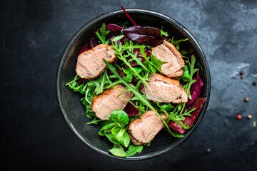 salad duck breast mix green lettuce leaves snack portion on the table healthy meal top view copy space food background rustic 