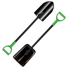 Vector garden shovel. Spade design illustration set. Farn agriculture equipment drawing. Archaelogy shovel with handle, black accessories. Metallic digger sketch, manual hand dig