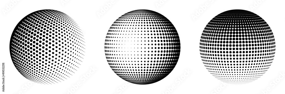 Aufkleber set of halftone spheres. abstract dotted background. texture of black dots. monochrome gradient back