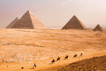 Fototapeta na wymiar Famous Egyptian Pyramids of Giza. Landscape in Egypt. Pyramid in desert. Africa. Wonder of the World