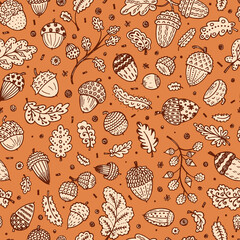 Forest autumn background. Ornamental Acorns and oak leaves vector seamless pattern. Hand drawn doodle acorn, leaf, oak
