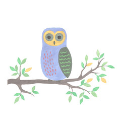 Decorative owl on branch on white background, handmade illustration