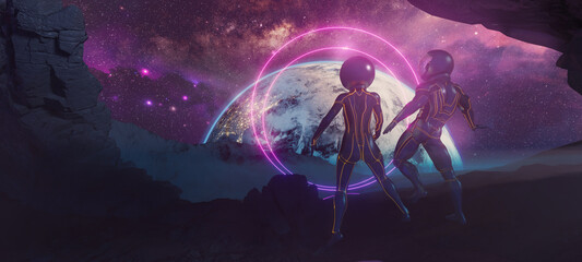 Bodyflying astronauts on alien rocky planet without enough gravity with Earth on background