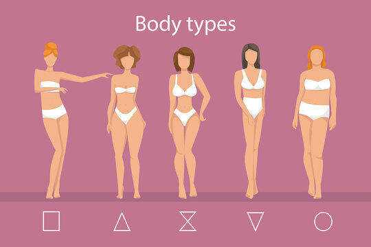 Women in lingerie showing different body shapes. Female body types: apple, pear, triangle, rectangle, sand molds. Vector illustration.