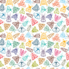 Multicolored Night Butterflies. Hand drawn doodle Moths vector seamless pattern.
