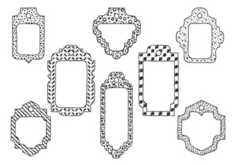 Title: Black and white patterned frames Vector set. Hand Drawn doodle Frames with abstract ornaments for Photo, Pictures or Text