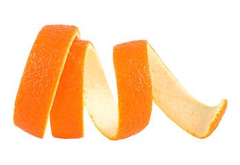 Orange twist or orange peel isolated on a white background. Spiral orange skin. Citron. Cocktail ingredient.