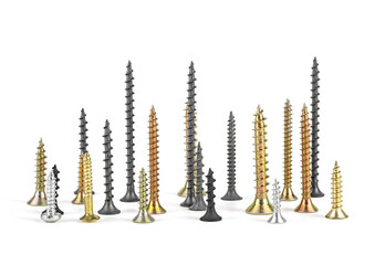 Front view of various screws isolated on a white background