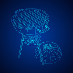 Round barbecue grill. Outdoor bbq party. Wireframe low poly mesh vector illustration