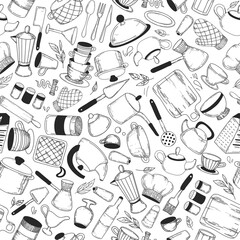 Vector hand drawn kitchen tools seamless pattern. Vintage background. Sketch kitchen tool, kitchenware. Pan, knife and fork, grater chef utensils vector gastronomy texture or doodle wallpaper 