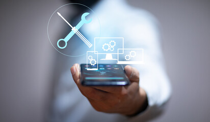 man holding smartphone with Maintenance and repair