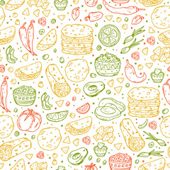 Mexican tradition Food Vector Seamless pattern. Hand drawn doodle corn tortilla, taco, burritos, guacamole, nachos corn chips, Vegetables
