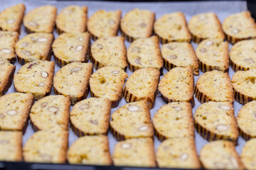 cantucci in the pan for baking, Making twice-cooked, Biscotti in a row for cooking