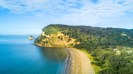 Aerial view on a rocky cliff at the beautiful harbour. Auckland, New Zealand.