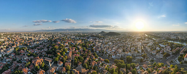 Aerial sunset view of center of City of Plovdiv, Bulgaria