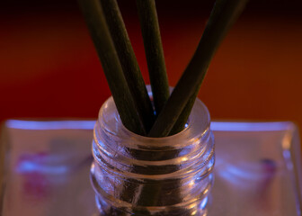 Closeup of bottleneck of small glass bottle with aroma sticks in it