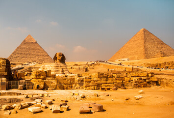 Famous Egyptian Pyramids of Giza. Landscape in Egypt. Pyramid in desert. Africa. Wonder of the World