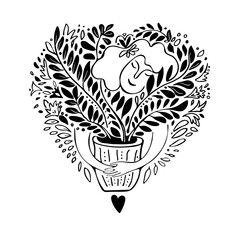Black Outline doodle with woman hugging favorite houseplants in heart form of leaves isolated on white Concept of love and friendship between human and nature. Smiling female character in hygge mood. 