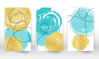 Abstrakte Cover-Vorlage. Reihe von geometrischen Formen und Linien. Aquarellmalerei Textur Broschüre Design. Minimalistische handgemalte Formen und Goldpartikel. © Sergio Lucci