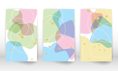 Watercolor effect design cover. Set of abstract hand drawn geometric shapes. Doodle lines, golden particles.