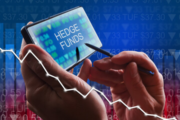 Bankruptcy hedge funds concept. Hedge fund transactions in stock market. Falling graph symbolizes ...