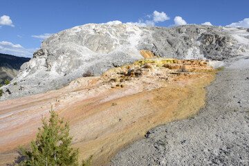 Scenic view of the terraces at Mammoth Hot Springs at Yellowstone National Park on a sunny day