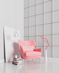 Mock up white concrete wall with red modern furniture, minimal interior design, 3d render, 3d illustration